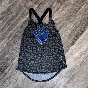 Black and Gray Leopard Print Cheer Athletics Tank Top with Blue Logo Adult XS